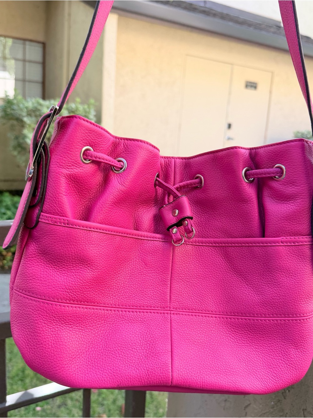 Tignanello Pink Pebbled Drawstring/Magnetic Shoulder Bag Genuine Leather New